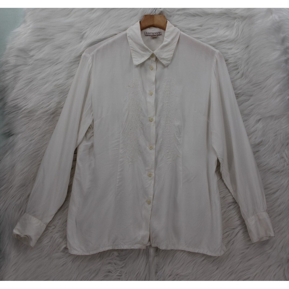 VTG 90's Karavan Embroidered Long Sleeve Button Up Top Womens L White Rayon #733